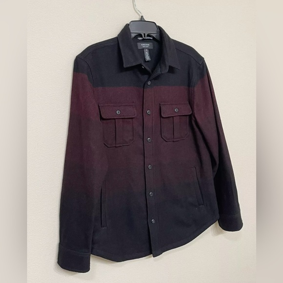 Nordstrom Shop Men’s Black & Burgundy Wool Blend Button Up Heavy Shirt Jacket M - Picture 2 of 6